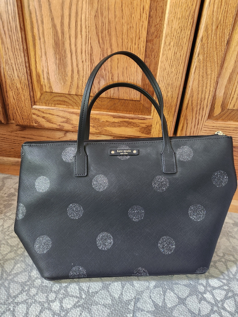 kate spade Black Bag Purse Tote with Silver Glitter Polka Dots Like New